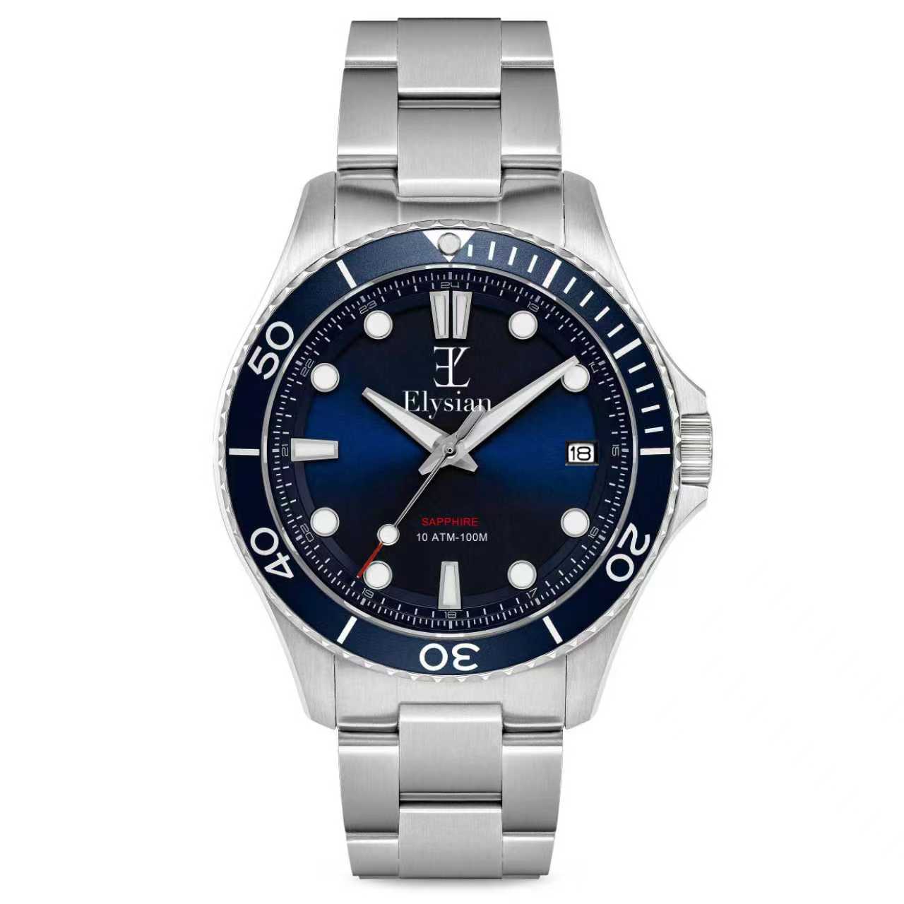 elysian-zilveren-heren-horloge-42mm-blauw-plaat-zilver-schakelband-horlogeband-ELYWM11041-front