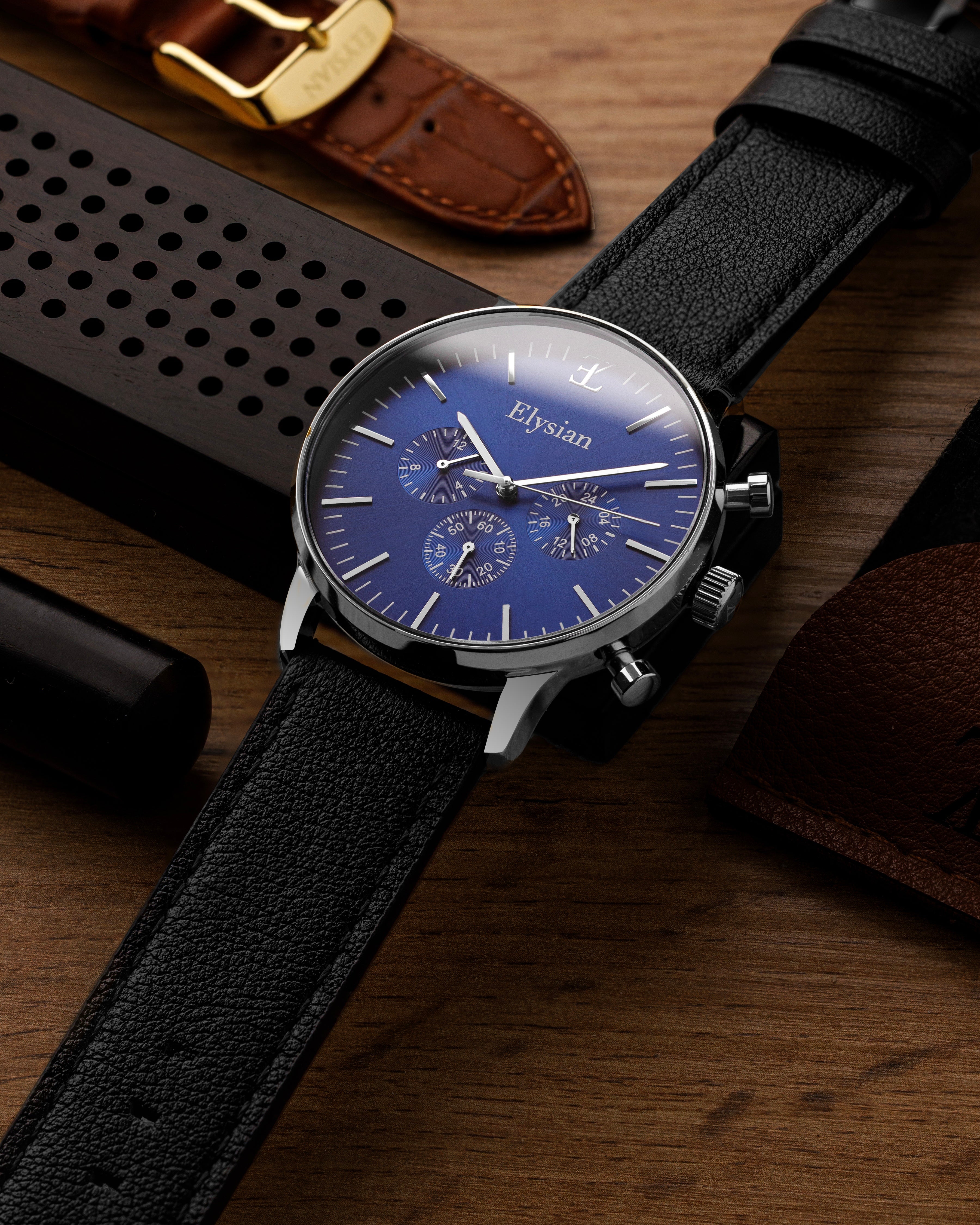elysian-zilveren-heren-horloge-blauw-plaat-zwart-vintage-leder-horlogeband-ELYWM01020-detail
