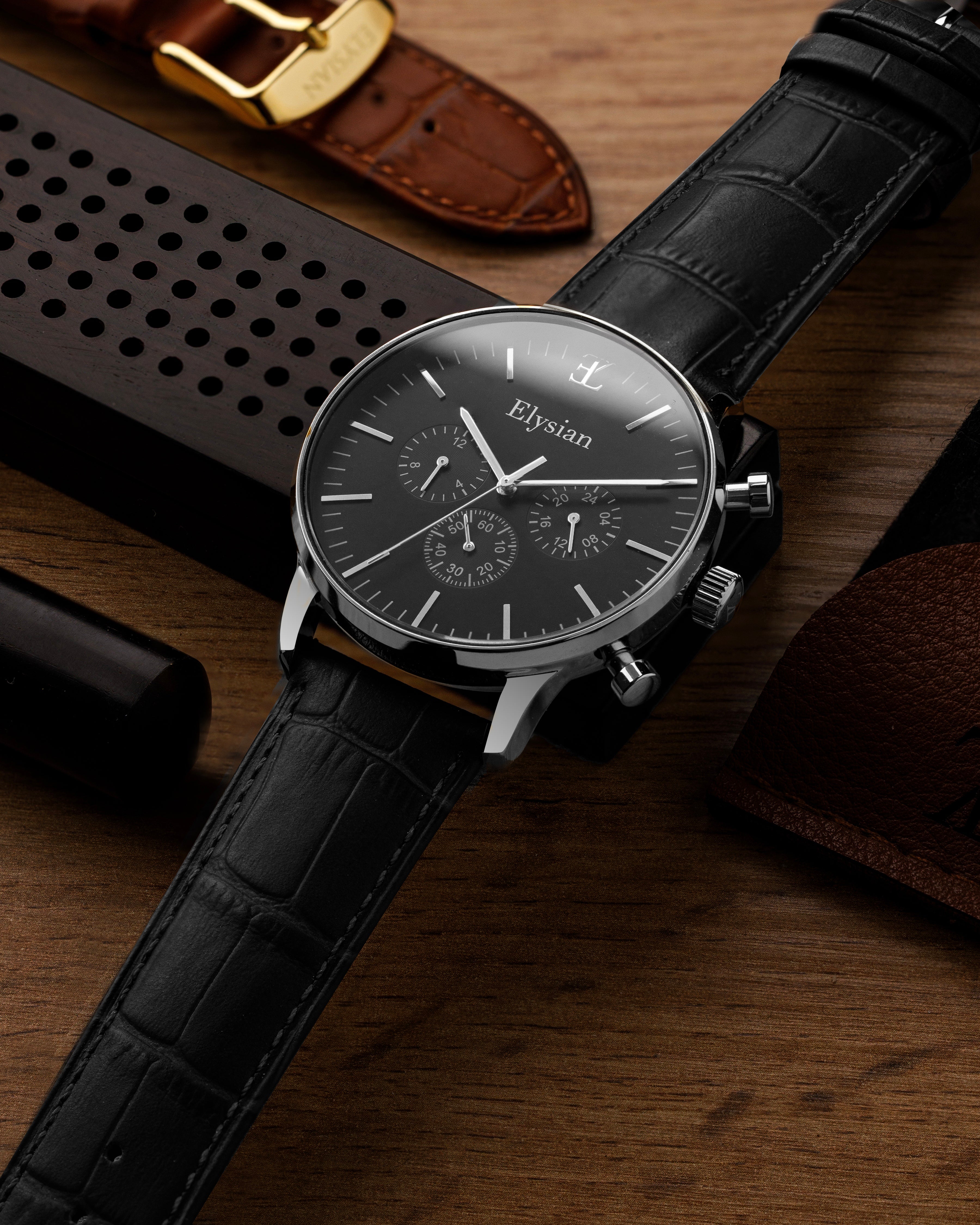 elysian-zilveren-heren-horloge-zwart-plaat-zwart-croco-horlogeband-detail
