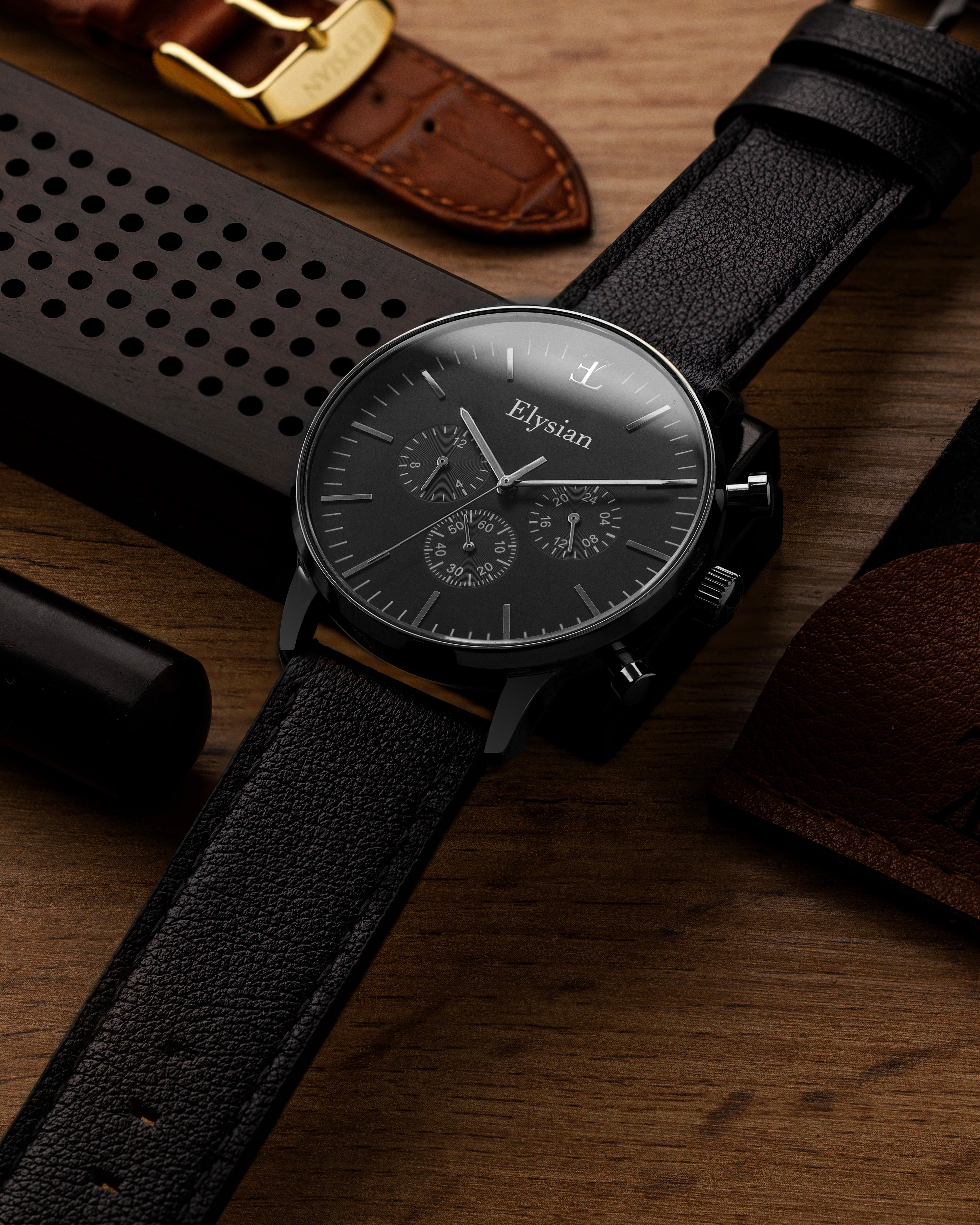 elysian-zwarte-heren-horloge-zwart-plaat-zwart-vintage-leder-horlogeband-ELYWM02120-detail