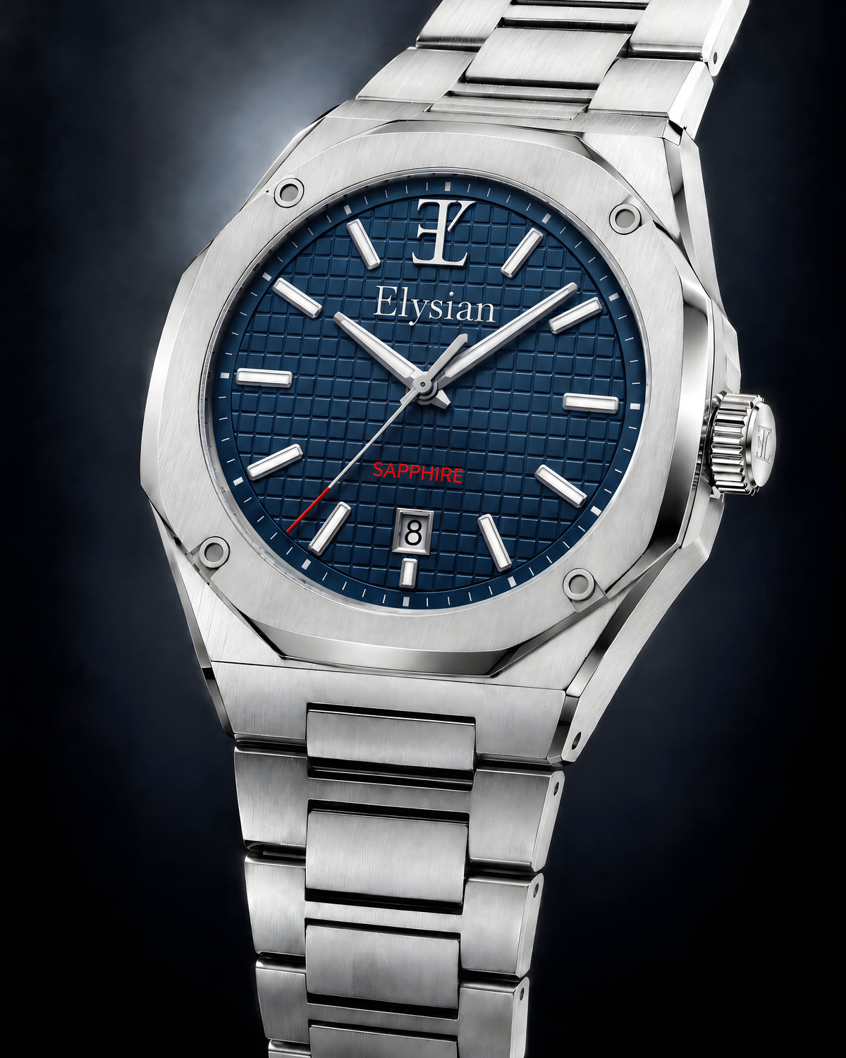 Elysian Octa herenhorloge met saffierglas, driekwart aanzicht