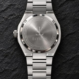 Elysian Octa White - Silver Link, achterkant met gravering Designed in Antwerp