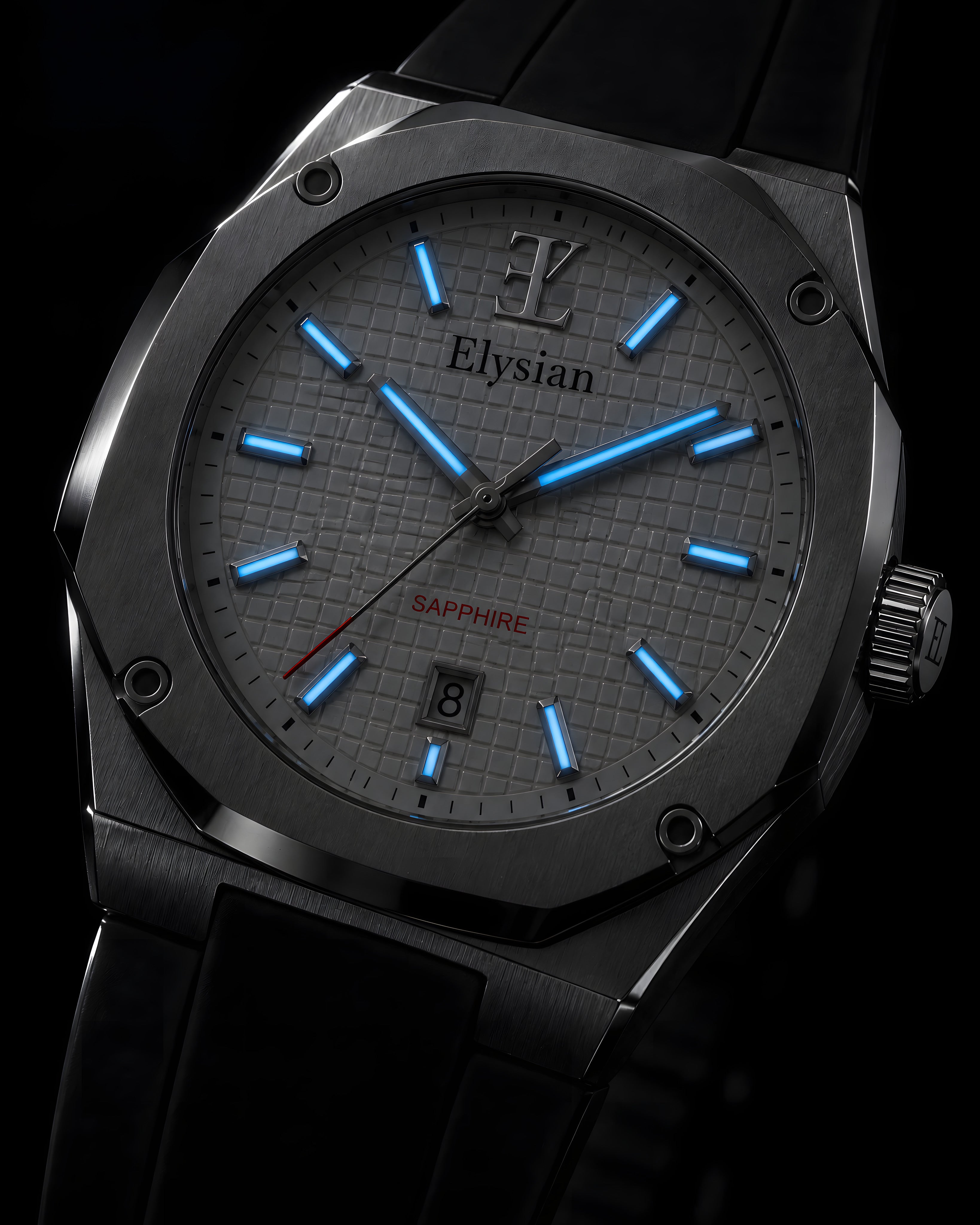 Elysian Octa White - Black Rubber, lichtgevende wijzers en indexen in het donker